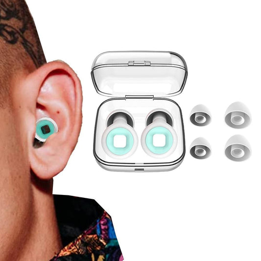Wireless earbuds with charging case and earplugs on a white background