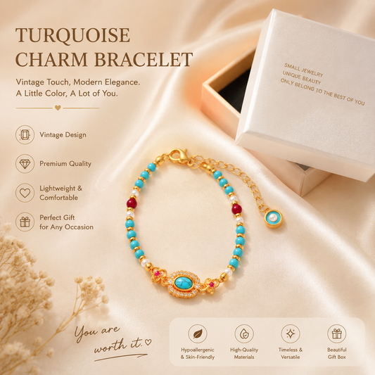 Turquoise Beaded Bracelet for Women – Adjustable Vintage Boho Bracelet with Gold-Tone Oval Charm, Turquoise & Pearl Beads, Lightweight Bohemian Wrist Jewellery Kemu |Fashion Home Kitchen Beauty
