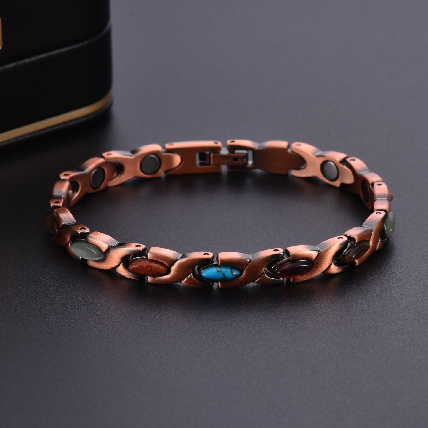 Vintage Copper Tone Magnetic Bracelet Unisex Fish Link Chain with Colourful Stones 19.5cm Bangle for Men and Women Jewellery Gift Kemu |Fashion Home Kitchen Beauty