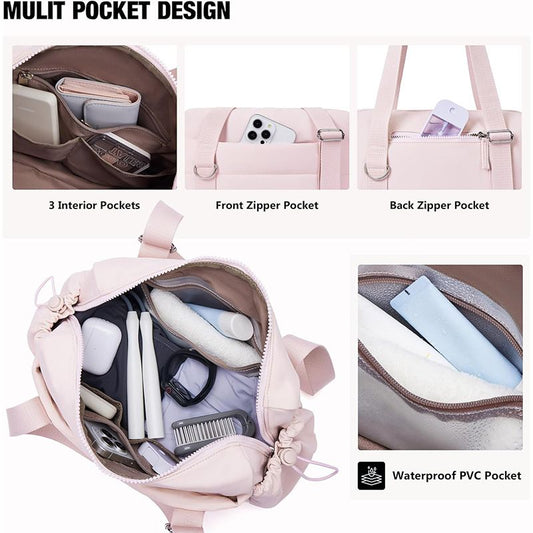 Pink Women’s Fluffy Nylon Gym Travel Tote Bag and Coin Purse Set - Side Drawstring Cup Holder, Front / Back Zipper Pockets and Wet & Dry Separation, Large Capacity and Lightweight 11.7 x 4.2 x 8" Kemu |Fashion Home Kitchen Beauty