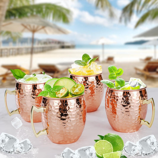 Set of 4, 17 OZ Hammered Copper Cups with 304 Stainless Steel Lining and Gold Brass Handles, for Cold Drinks, Beer, Wine, Bars, Parties Kemu |Fashion Home Kitchen Beauty
