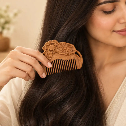 A woman with long, dark brown hair uses a carved wooden hair comb with floral details. The close-up shot highlights the smooth texture of the wood and the sleekness of her hair against a warm, softly blurred background.