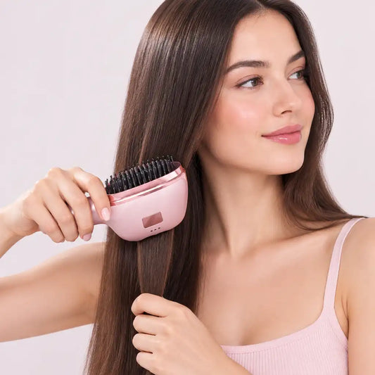 A woman with long, straight brown hair uses a pink electric hair brush to detangle and style her hair against a light gray background.