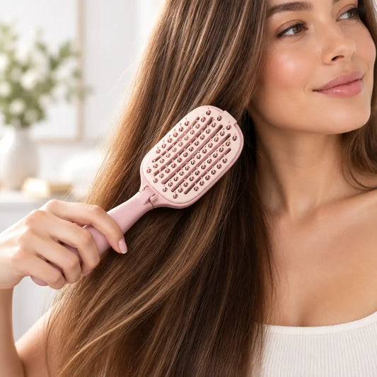 A woman with long, straight brown hair holds a pink paddle hairbrush against her hair in a bright, softly lit indoor setting.