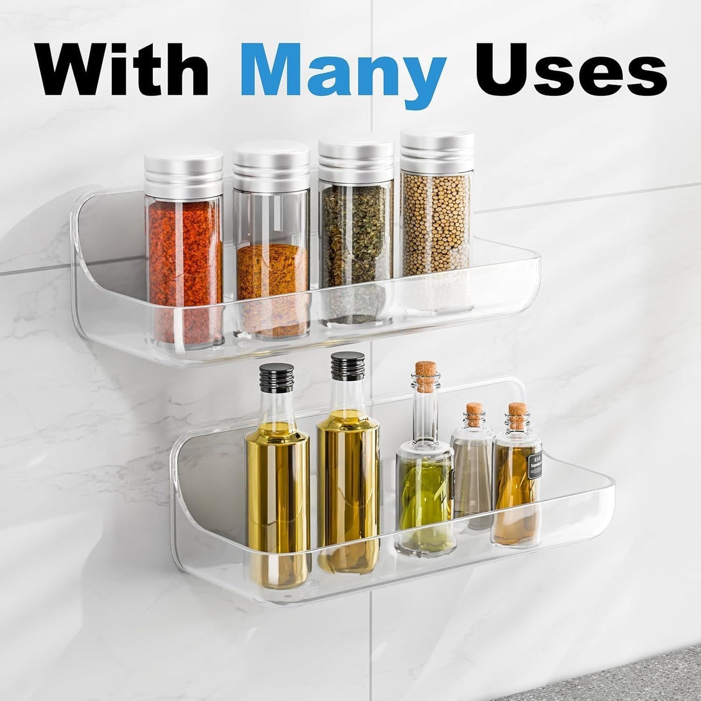 2-Pack Acrylic Adhesive Wall Shelf for Bathroom, Kitchen & Vanity Storage – No Drill, Waterproof with Drainage Holes (Clear) Kemu |Fashion Home Kitchen Beauty