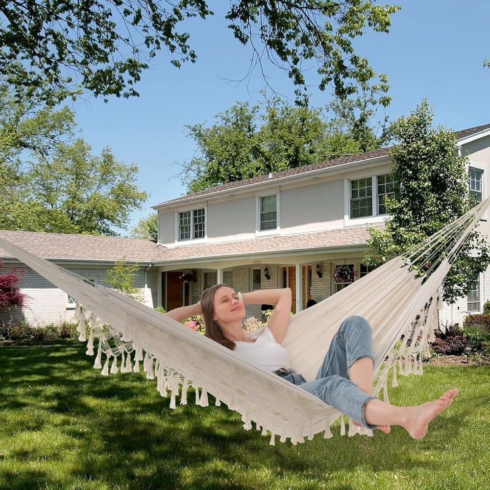 2-Person Bohemian Hammock with Fringes, 500 lbs Capacity, Cotton, Portable for Garden Patio Camping, Moon-Shaped Poles Kemu |Fashion Home Kitchen Beauty