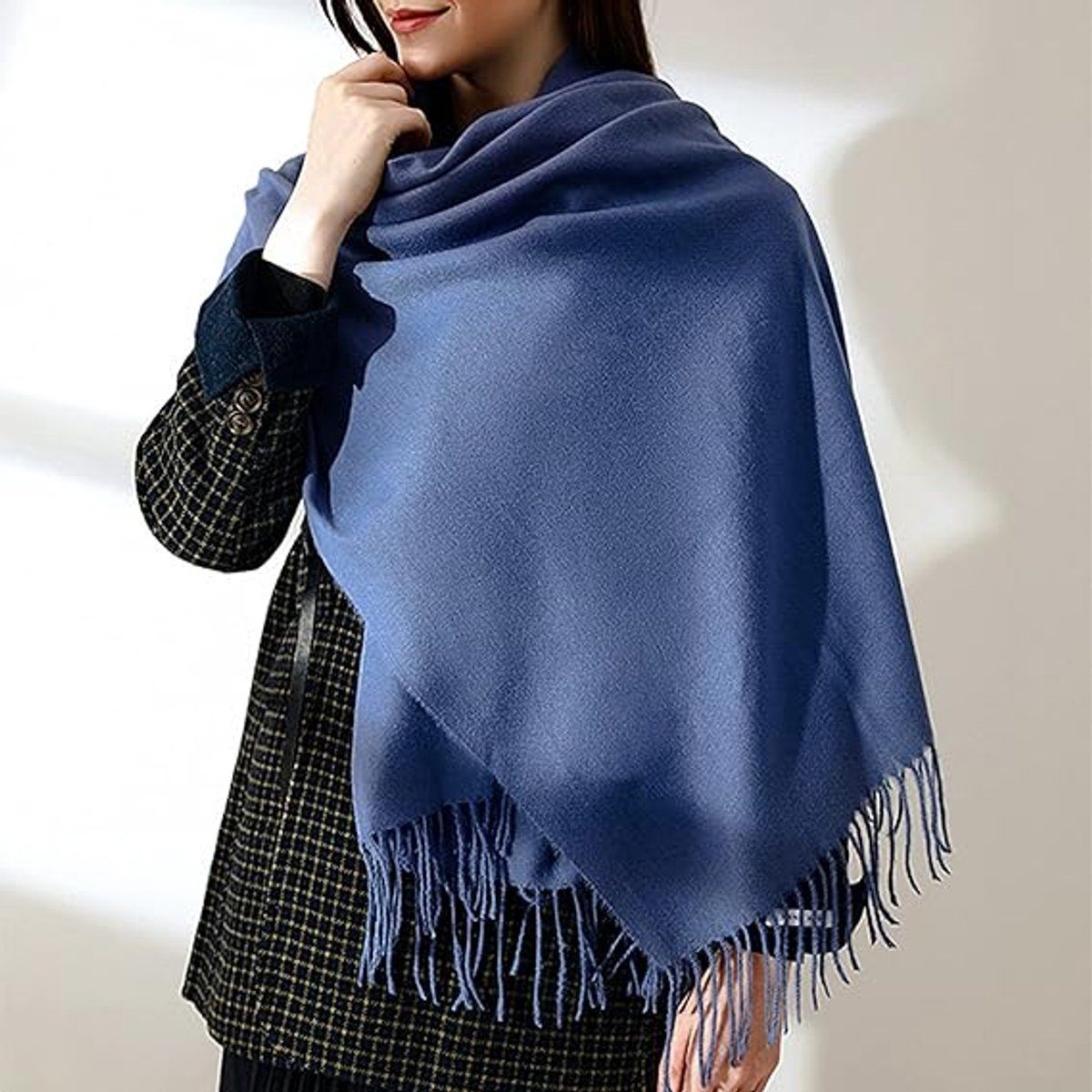 Women's Woven Winter Scarf, Large Tassel Shawl Wrap, Soft Warm Neck Warmer for Cold Weather Outfits, 70x200 cm, Blue Kemu |Fashion Home Kitchen Beauty