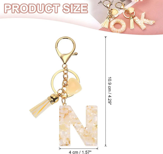 Initial Letter Resin Keychain with Tassel and Lobster Clasp for Bag Purse Backpack Accessories, N Gold Tone, Daily Comfort Use Kemu |Fashion Home Kitchen Beauty
