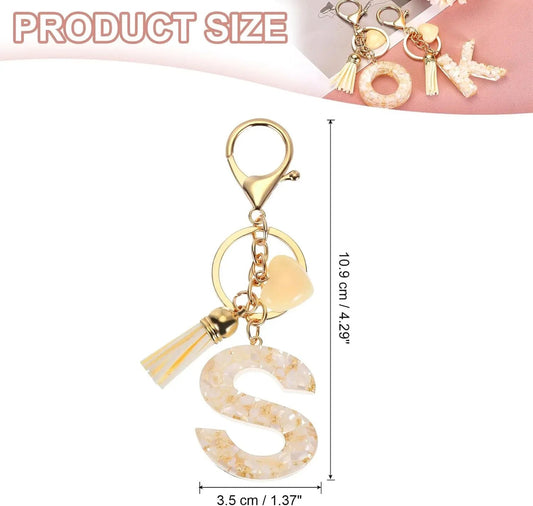 Initial Letter Keychain Charm, Resin Tassel Bag Pendant for Keys Handbag Backpack, Cream Gold S, Letter S Option Kemu |Fashion Home Kitchen Beauty