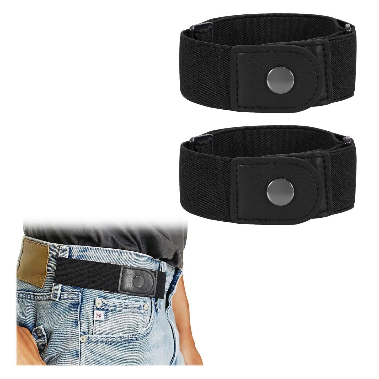 2 Pack No Buckle Stretch Belt for Women and Men, Elastic Invisible Waist Belt for Jeans, Side-Fastening Buckle-Free Belt, Black Kemu |Fashion Home Kitchen Beauty