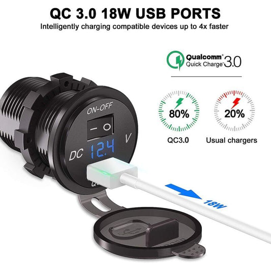 QC 3.0 Car USB Socket 12V 24V Waterproof Charger with Switch and LED Voltmeter