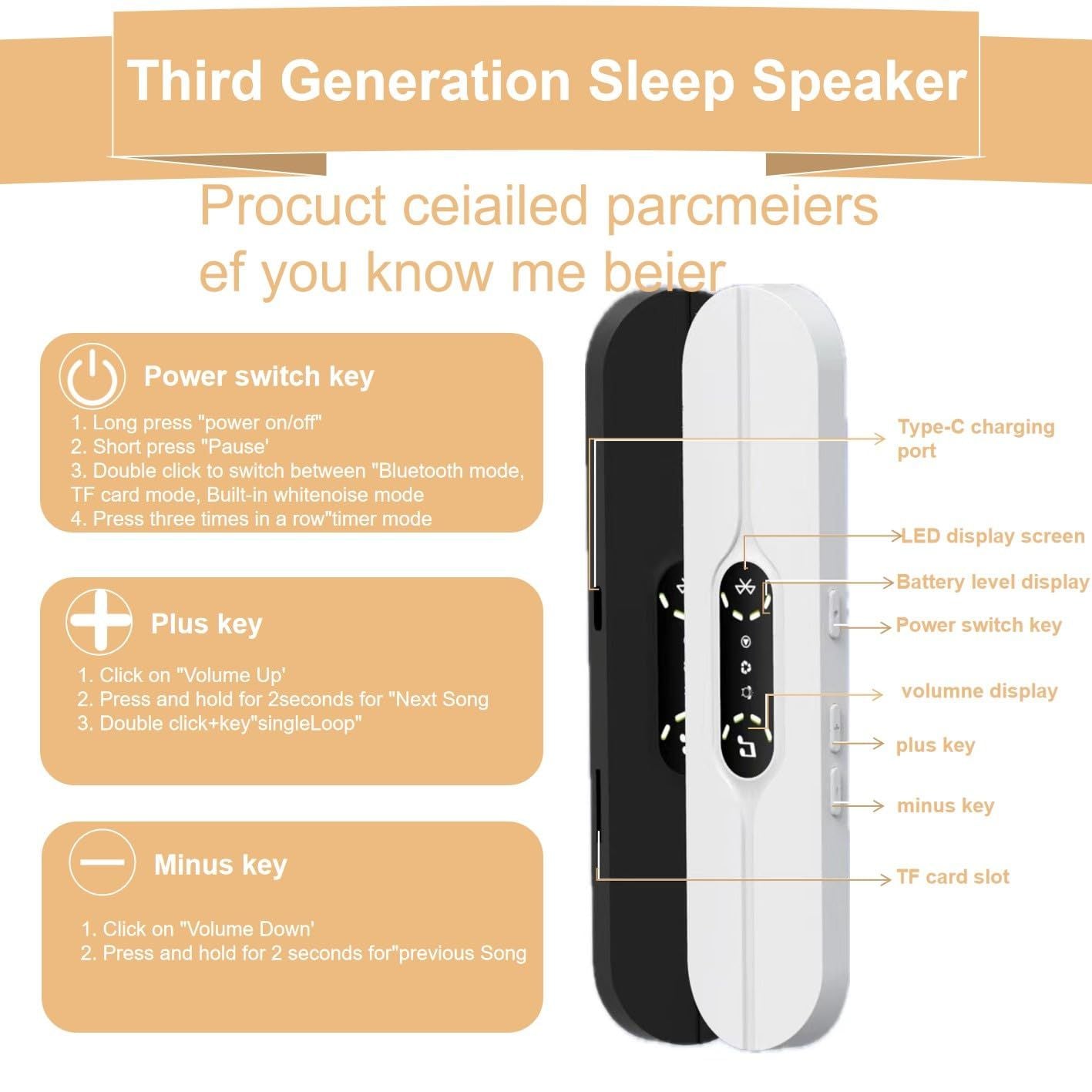 Pillow Speakers for Sleeping,Portable Bluetooth Speaker with Bone Conduction, 10 White Noises, Display, Volume Control, black