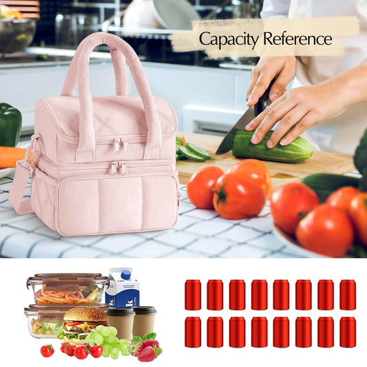 Insulated Lunch Bag Lunch Box for Women,Double Deck Leakproof Cooler Tote with Adjustable Shoulder Strap,Quilted Puffer Design & Durable pink Kemu |Fashion Home Kitchen Beauty
