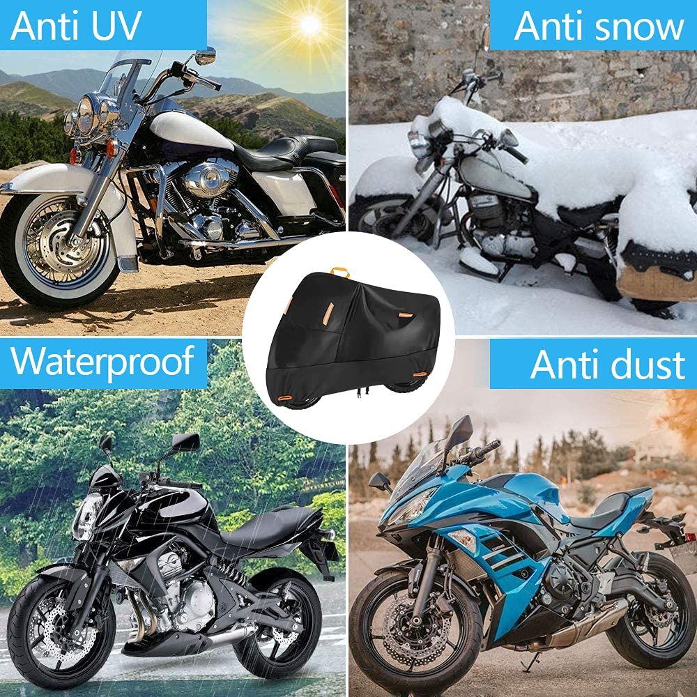 210D Heavy Duty Small Motorcycle Cover, All Season Durable Waterproof Outdoor Protection Scooter Cover with Lock-Holes Storage Bag Fits up to Bike (210D-M【200*95*110】)