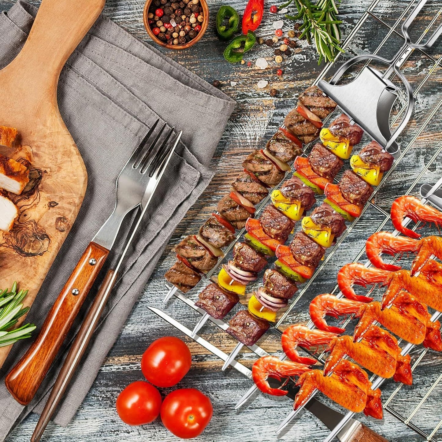 Skewers for kabobs,4-PCS 14 Inch 3-Prong Kabob Skewers for Grilling,Stainless Steel Skewer,With Push Bar Reusable Metal Skewer,Kabob Sticks,Perfect For Meat,Chicken,Sausages,Veggies,shrimp Kemu |Fashion Home Kitchen Beauty