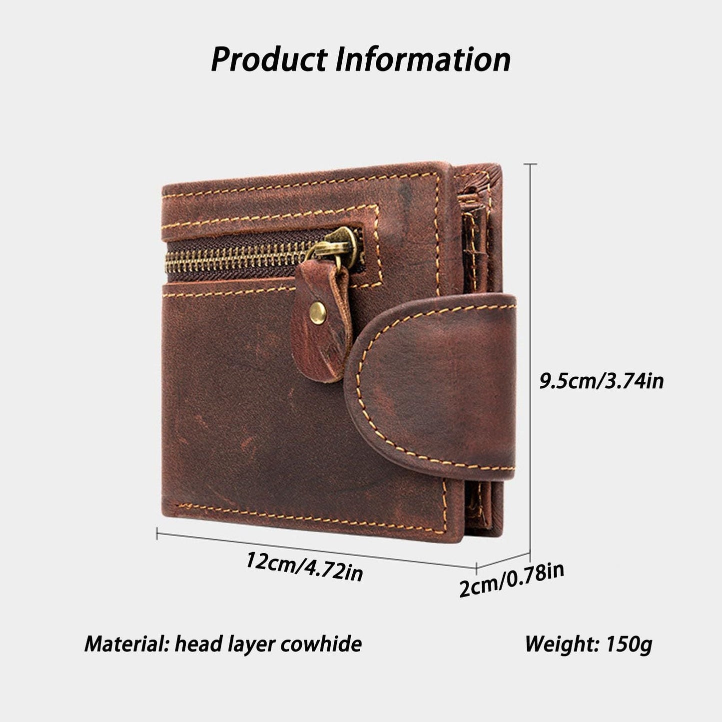 Leather Snap Wallet for Men, Multifunctional Large Capacity Vintage Wallet Bifold Zipper Wallet Men Short Head Cowhide Wallet (Brown) Kemu |Fashion Home Kitchen Beauty