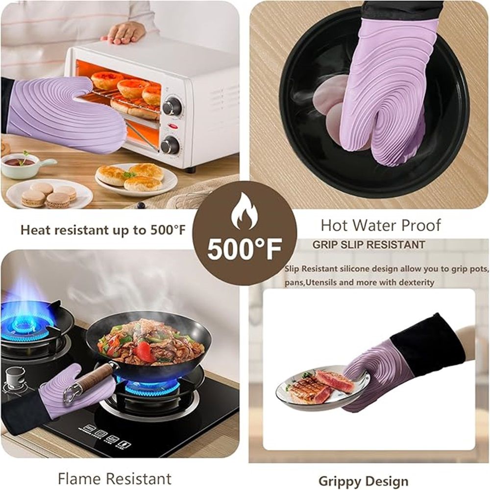 A pair of Silicone Oven Mitts- Extended Oven Mitts Heat Resistant , Oven Gloves with Soft Liner Good to Clean Flexible-Oven Mits Set for Cooking Baking Grilling BBQ(Flat threaded gloves purple) Kemu |Fashion Home Kitchen Beauty
