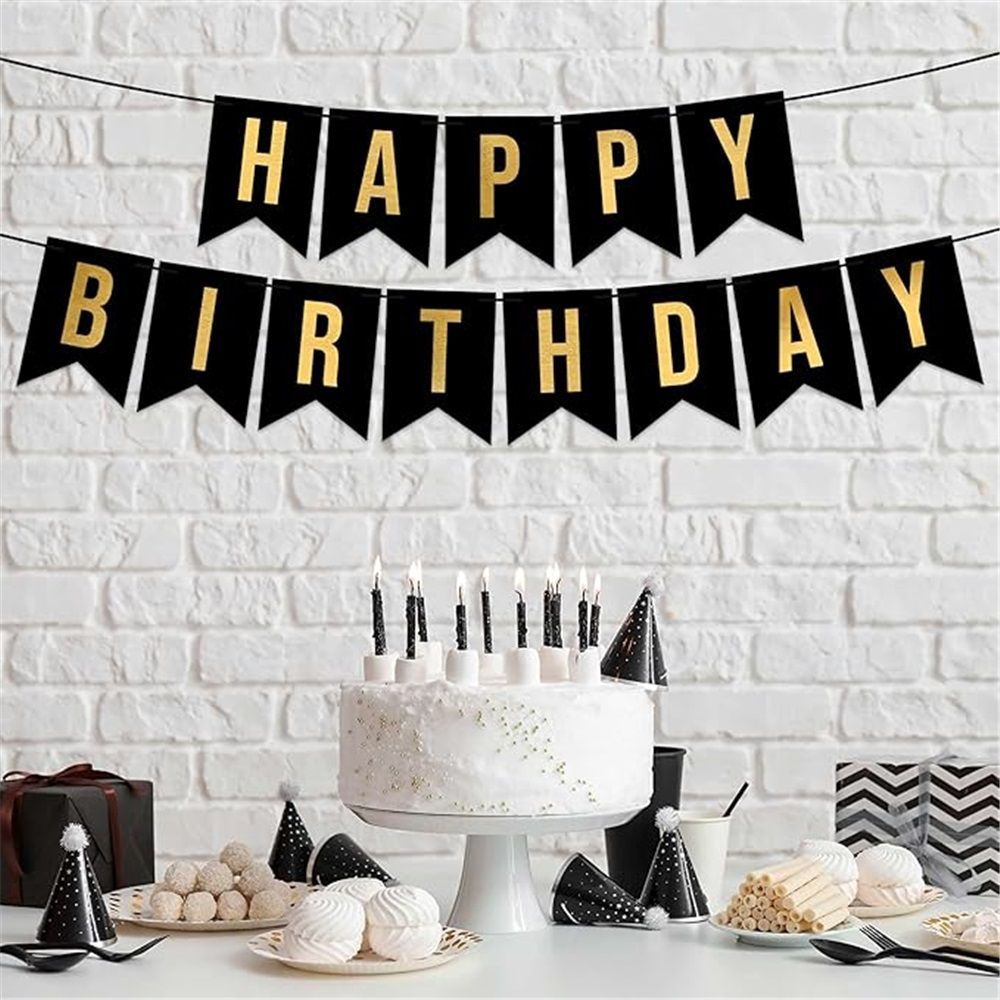 2pcs Black Gold Happy Birthday Banner Birthday Party Supplies for Adult Boy Girl Black Bday Party Decorations & Decor for Men & Women.