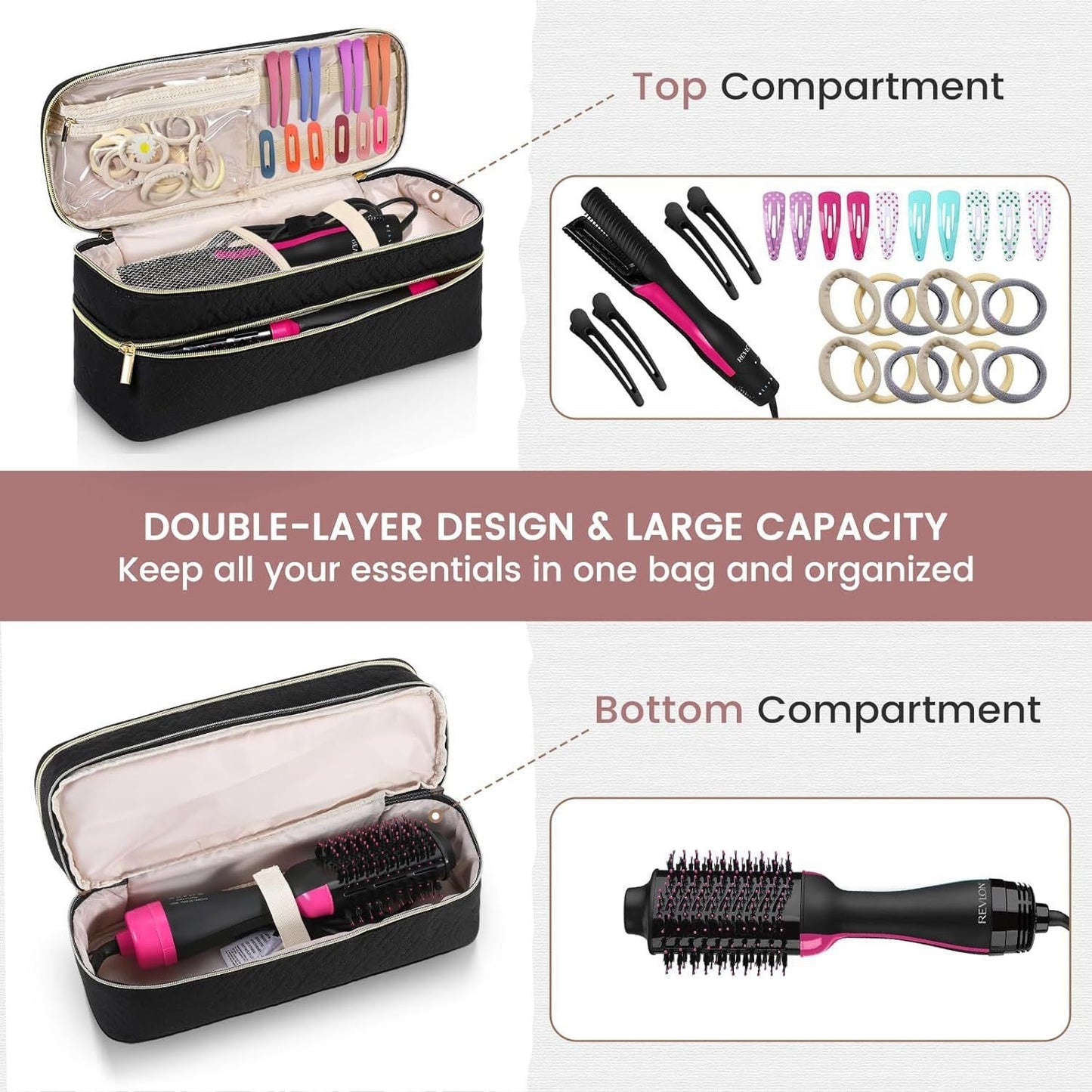 Travel Carrying Case Compatible with Hair Dryer Brush/Volumizer/Styler/Hot Tools,Double-Layer Storage Organizer Bag ,Black(Bag Only) Kemu |Fashion Home Kitchen Beauty