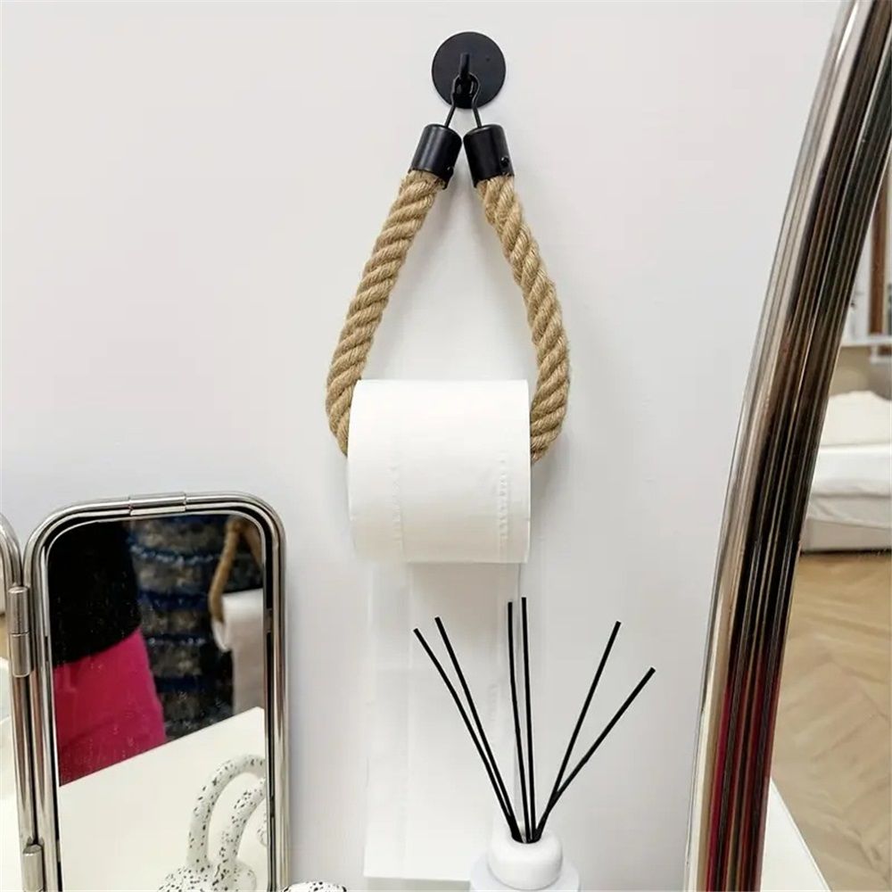 Toilet Paper Holder - Self Adhesive, No Drill Required, Black, Stainless Steel and Cotton Rope 2pack Kemu |Fashion Home Kitchen Beauty