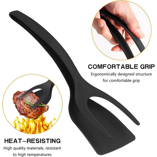 2 pack Kitchen Cooking Spatula, 2 in 1 Egg Silicone Fried Egg Grip Flip Tongs Double Sided Turner Multi Purpose Non stick Kitchen Shovel for Bread Fish Pancake Toast(black) Kemu |Fashion Home Kitchen Beauty