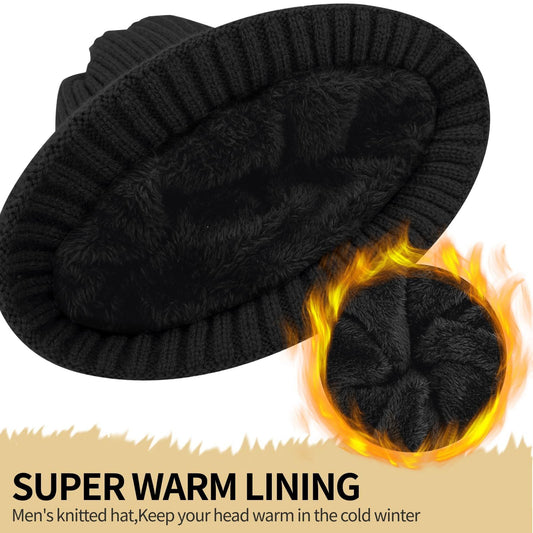 Unisex black warm knitted winter hat, fleece lining, soft and warm, ski hat, narrow brim, suitable for cold weather. Kemu |Fashion Home Kitchen Beauty