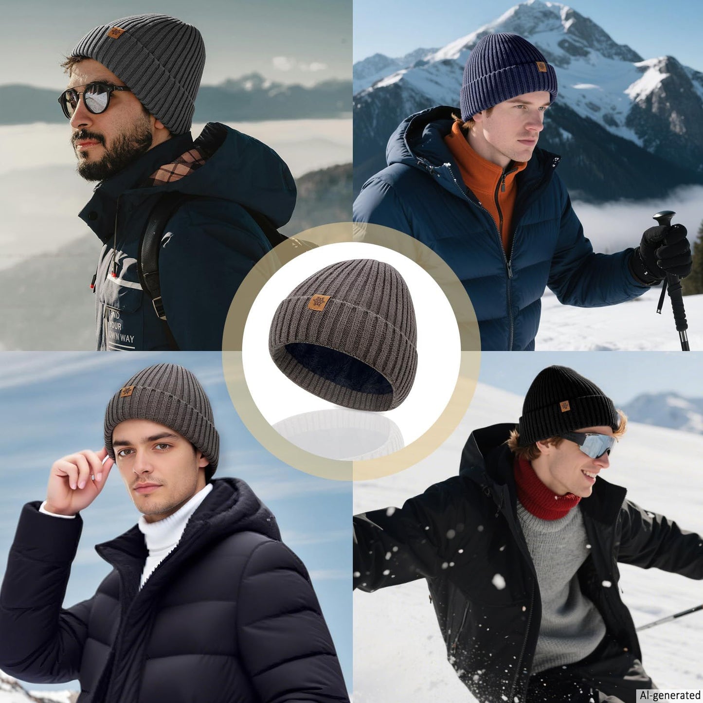 Unisex brown warm knitted winter hat, fleece lining, soft and warm, ski hat, narrow brim, suitable for cold weather.