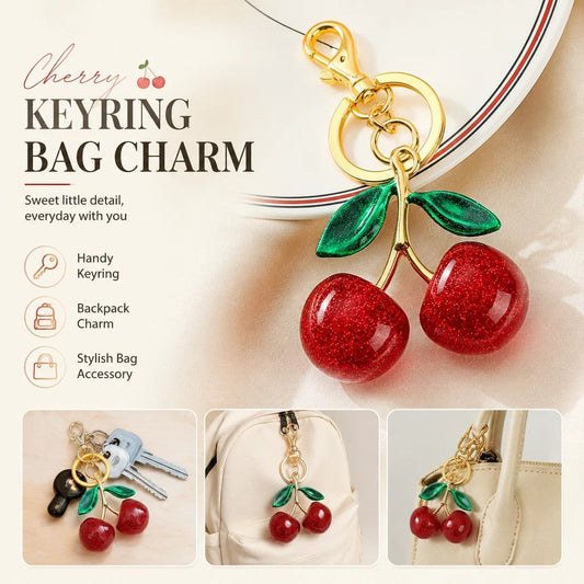 Lovely Red Cherry Bag Pendant with Twin Green Leaves, soft warm charm to brighten your everyday handbag styling Kemu |Fashion Home Kitchen Beauty