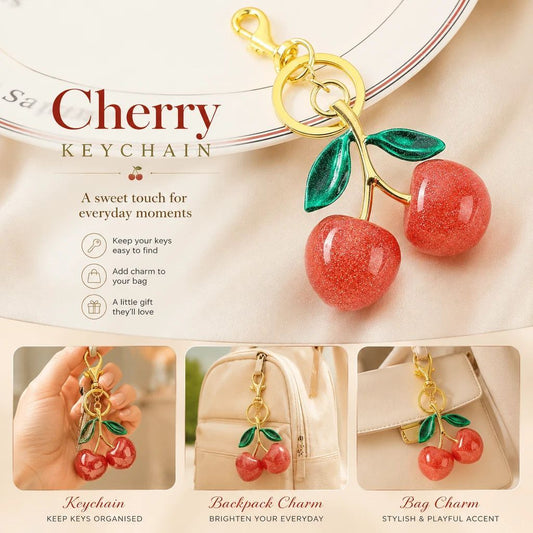 Gentle Pink Cherry Keyring paired with dual green leaves, full of youthful fresh vibes for casual daily matches Kemu |Fashion Home Kitchen Beauty