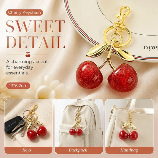 Delicate Pink Cherry Keychain with twin gold leaves, adding soft romantic glow to every bag you carry Kemu |Fashion Home Kitchen Beauty