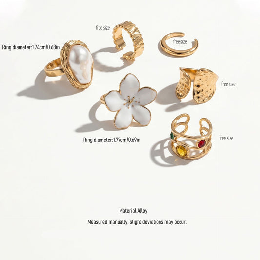Unique Molten Textured Flower Ring Set, Vintage Imitation Pearl Crystal Stackable Bands, Light Gold & Deep Red Floral, 6 Pack Kemu |Fashion Home Kitchen Beauty