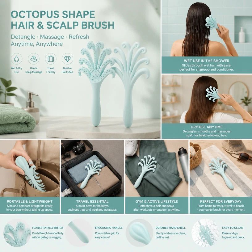 Light Blue Octopus Scalp Massage Brush Gentle Volumising Wet & Dry 1Pcs Kemu |Fashion Home Kitchen Beauty
