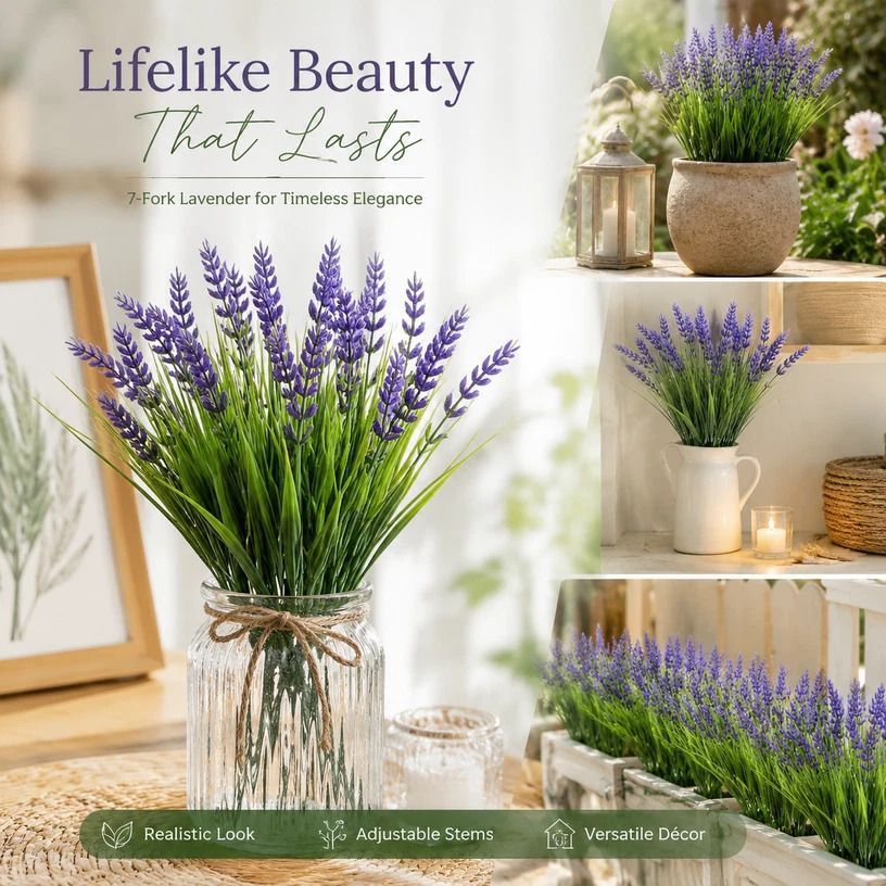 Purple 7 Fork Artificial Lavender Bouquet Spring Grass Fake Flower Decor 3 Pack Kemu |Fashion Home Kitchen Beauty