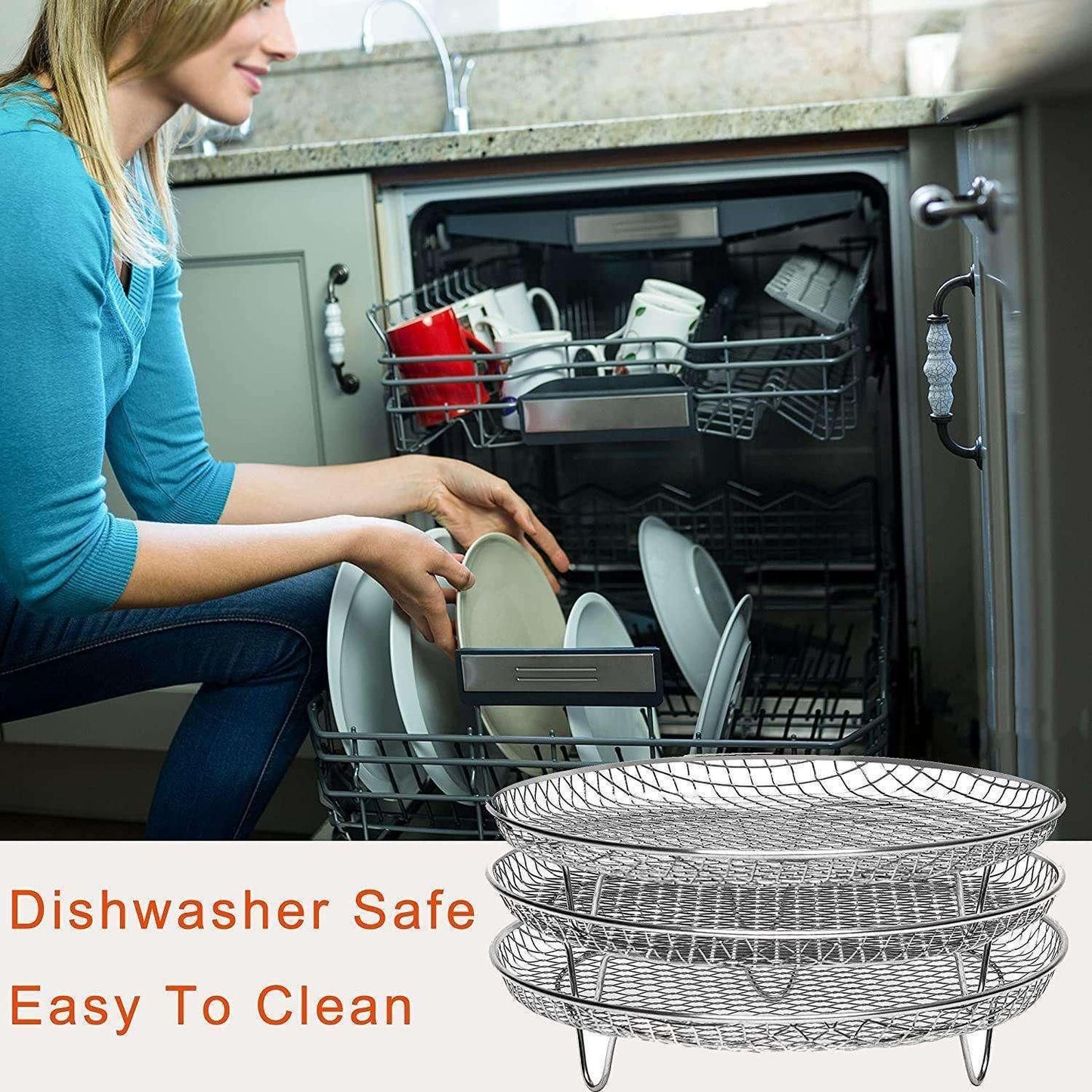 3pcs Air Fryer Basket Rack Stainless Steel Compartment, silver Kemu |Fashion Home Kitchen Beauty