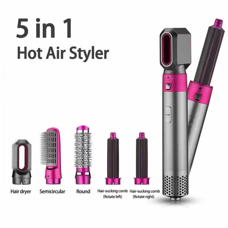5 in 1 Hot Air Brush Hair Styler Set, Multi Interchangeable Attachments Hair Dryer Brush, Straightener Curler Volumizer Comb, Ionic Blow Dryer Styling Tool for All Hair Types(Bright Fuchsia) Kemu |Fashion Home Kitchen Beauty