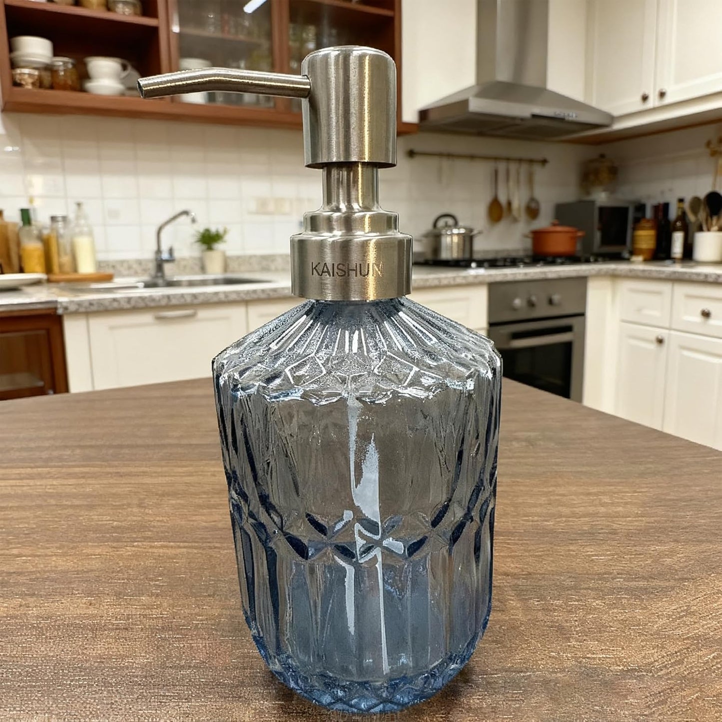 13 Oz Refillable Soap Dispenser, Glass Soap Dispenser for Dispense Hand Soap, Dish Soap, Lotion (Blue) Kemu |Fashion Home Kitchen Beauty