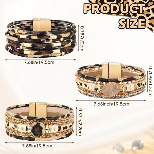 3 Pcs Western Bracelet for Women Leather Multi Layer Wrap Bracelet Western Boho Crystal Beads Cuff Jewelry Kemu |Fashion Home Kitchen Beauty