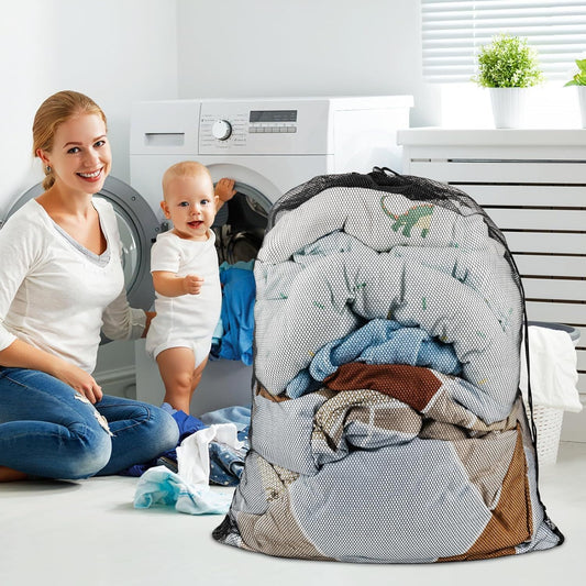 2 Pack Large Mesh Laundry Bags, 24" x 36" Heavy Duty Strong Drawstring Dirty Clothes Bags with Soft Breathable Net, Machine Washable Laundry Bag for College, Dorm, Camp, Travel and Family Use(Black)