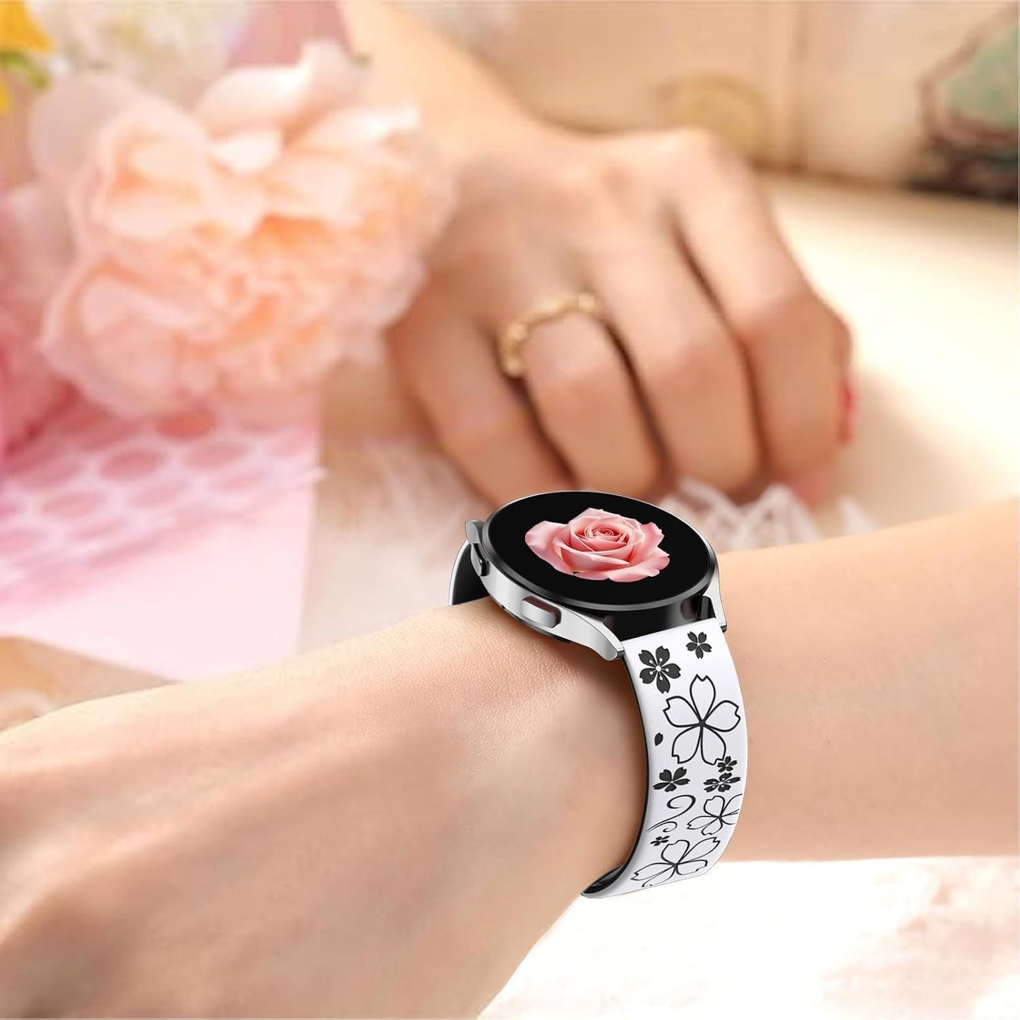 Floral Engraved Band-Compatible with Samsung Galaxy Watch 7 Band 6 4 5 40mm 44mm/5 Pro/6 4 Classic/Active 2, 20mm Cute Two-Tone Flower Soft Silicone Sport Strap for Samsung Watch Bands Women Men Kemu |Fashion Home Kitchen Beauty