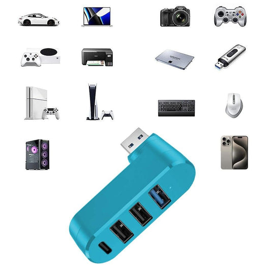 4-Port USB 3.0 Hub 180-Degree Rotating USB Splitter for Laptop Car Blue