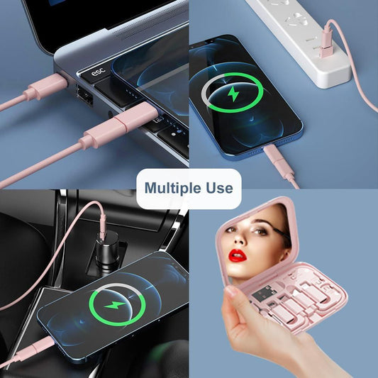 6-in-1 Cable Organizer Multifunctional Storage Box with Mirror for Travel Pink Kemu |Fashion Home Kitchen Beauty