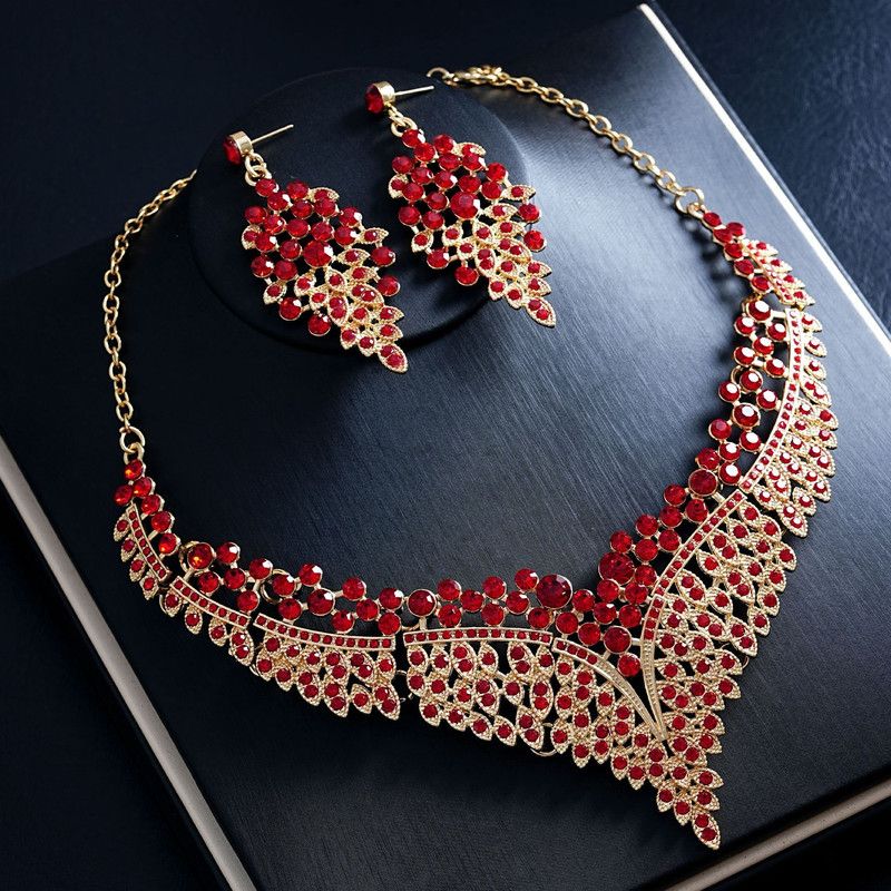 Affordable Luxury, Statement-Making Full-Diamond Necklace and Earring Set, Accessories for Banquets, Parties, and Weddings – Red Kemu |Fashion Home Kitchen Beauty