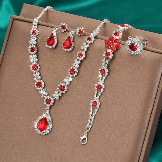 High-end Colored Gemstone Teardrop Jewelry 4-Piece Set, Women's Accessory Set, Wedding and Evening Accessories - Red Kemu |Fashion Home Kitchen Beauty