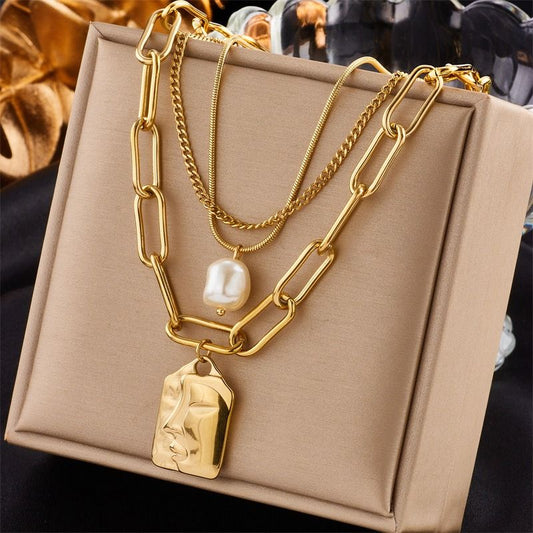 Artistic Face Pearl Necklace, Three-Strand Layered Gold-Plated Collar Necklace, Unique Women's Fashion Necklace - Silver Kemu |Fashion Home Kitchen Beauty