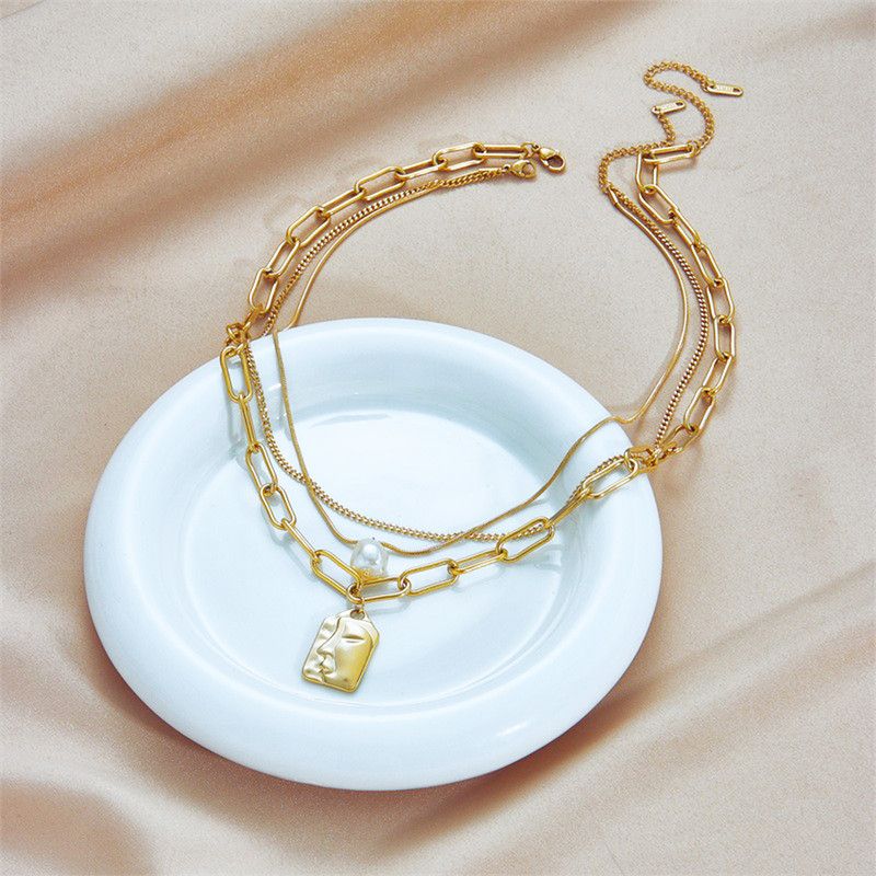 Artistic Face Pearl Necklace, Three-Strand Layered Gold-Plated Collar Necklace, Unique Women's Fashion Necklace - Silver Kemu |Fashion Home Kitchen Beauty