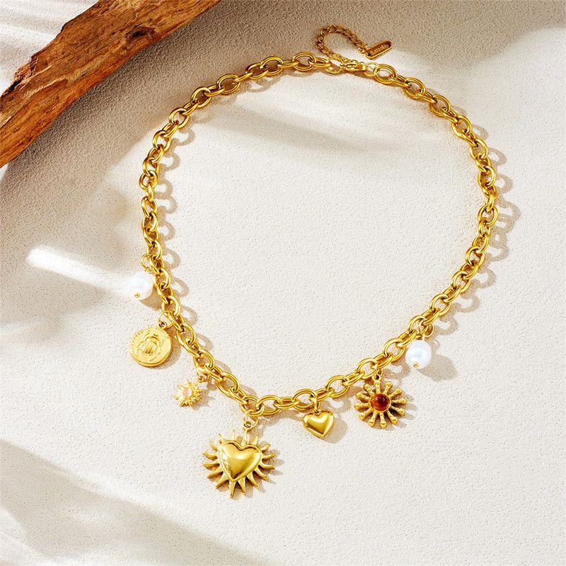 Bohemian-Style Multi-Charm Gold-Plated Necklace, Sun-Motif Heart-Shaped Pearl Cuban Chain, Trendy Women's Fashion Jewelry Kemu |Fashion Home Kitchen Beauty