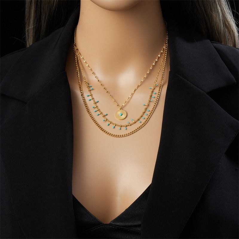 Bohemian-Style Three-Tier Turquoise Necklace with 18K Gold-Plated Titanium Collar Chain Kemu |Fashion Home Kitchen Beauty
