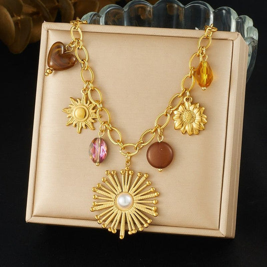 Vintage Bohemian Sunflower Pendant Necklace, 18K Gold-Plated Titanium Steel, a Versatile and Stylish Accessory for Women Kemu |Fashion Home Kitchen Beauty