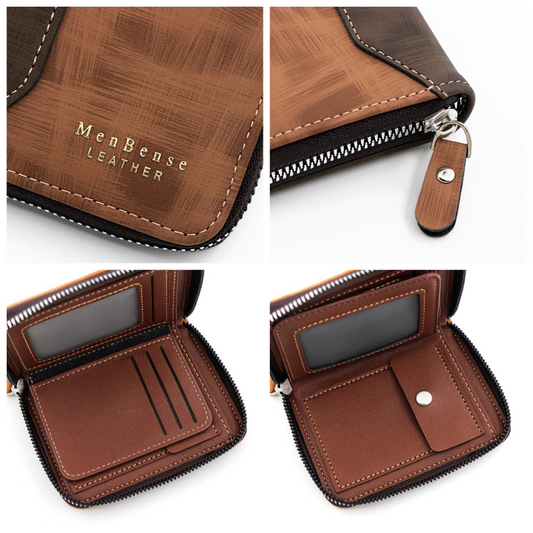 Two-tone Patchwork PU Zip-Around Short Wallet for Men, Embossed Letter Multi-Card Slot Purse with Dual Coin Pockets & ID Photo Slot (Brown) Kemu |Fashion Home Kitchen Beauty