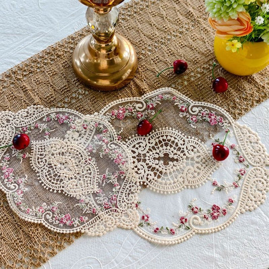 4 Pack Beige French Floral Embroidered Lace Placemats, Rectangular Vintage Sheer Mesh Table Decor Coaster